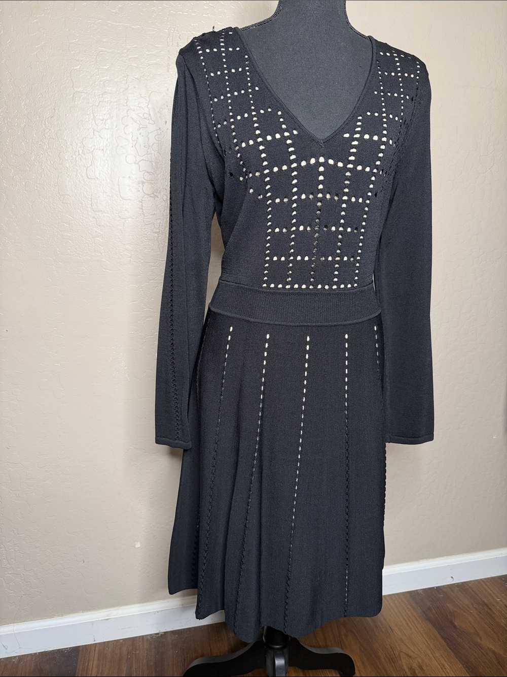 Calvin Klein Black Long-Sleeve V-Neck Knit Dress with Stud Accents